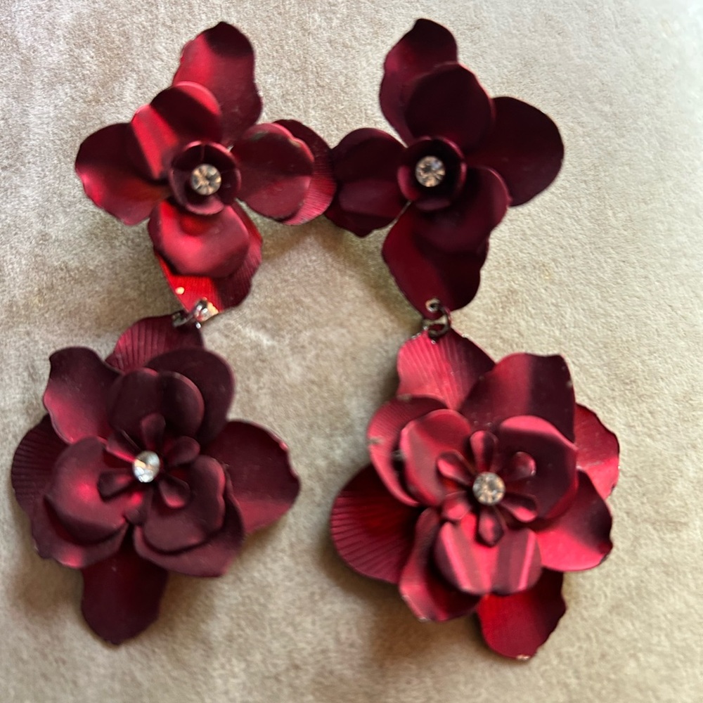 Source Unknown Deep Red Floral Earrings